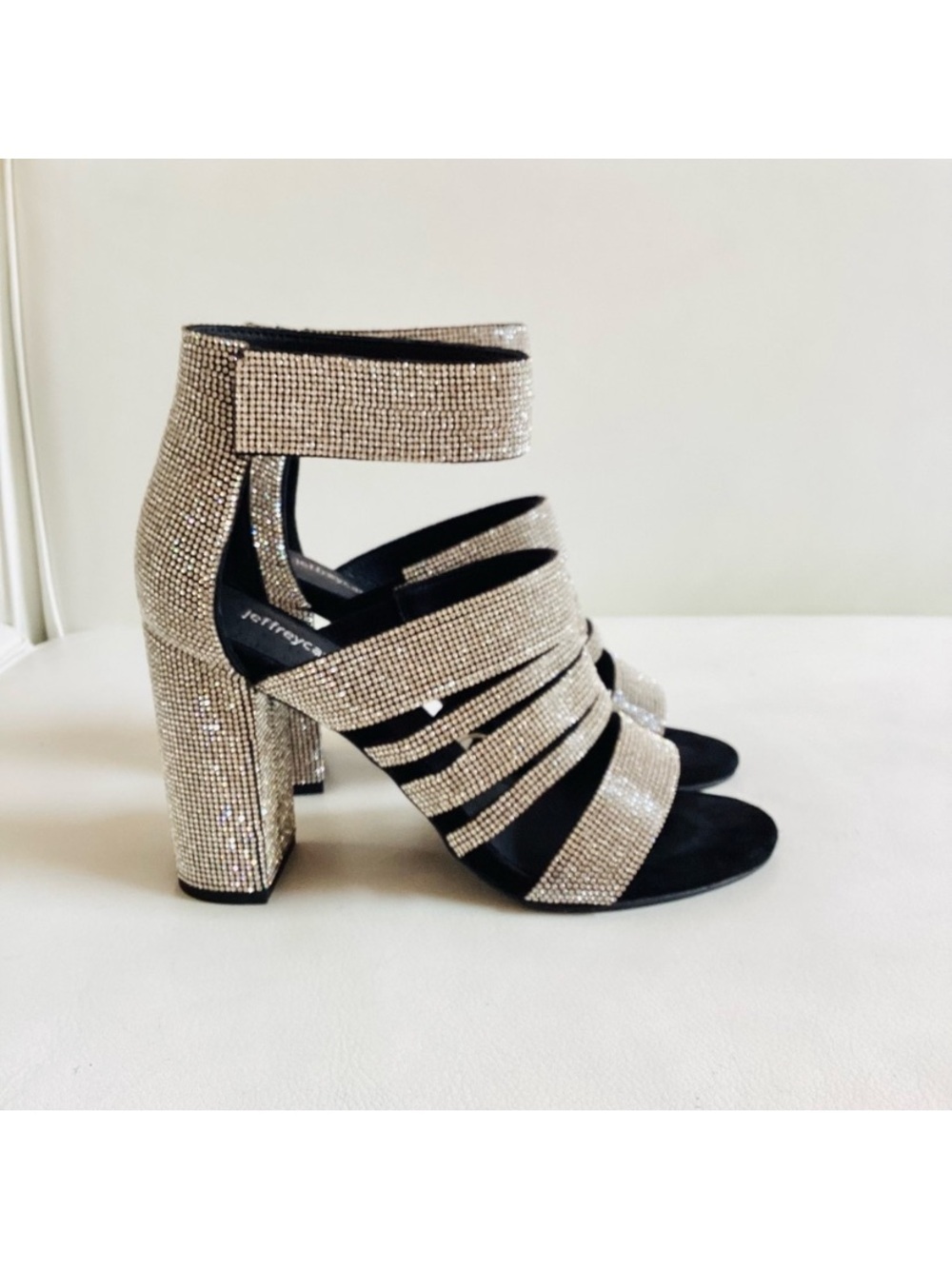 NEW Jeffrey Campbell Silver Crystal Strappy Block Heel Sandals SZ 7/37